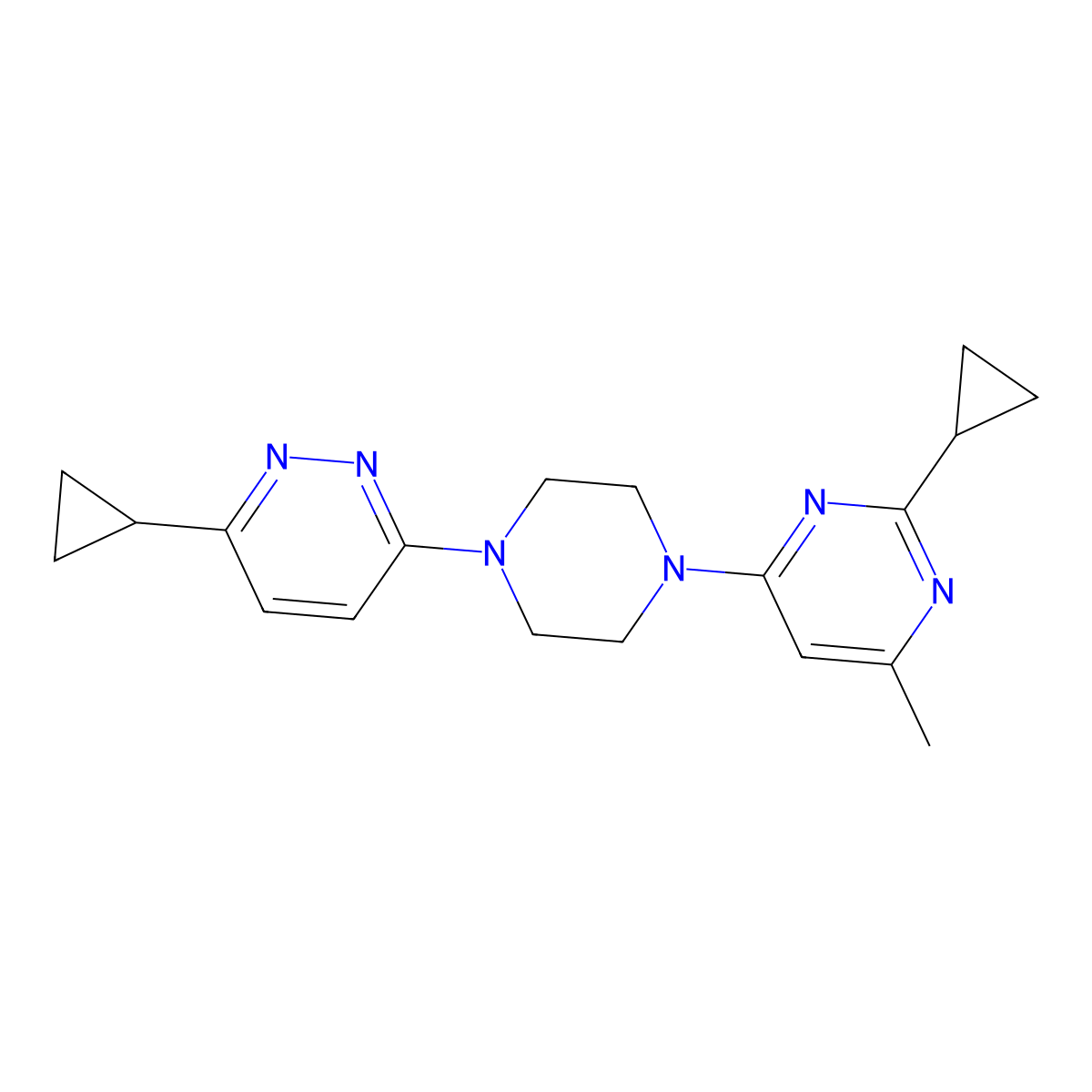3-Cyclopropyl-6-(4-(2-cyclopropyl-6-methylpyrimidin-4-yl)piperazin-1-yl)pyridazine molecular structure, CAS 2034315-47-2