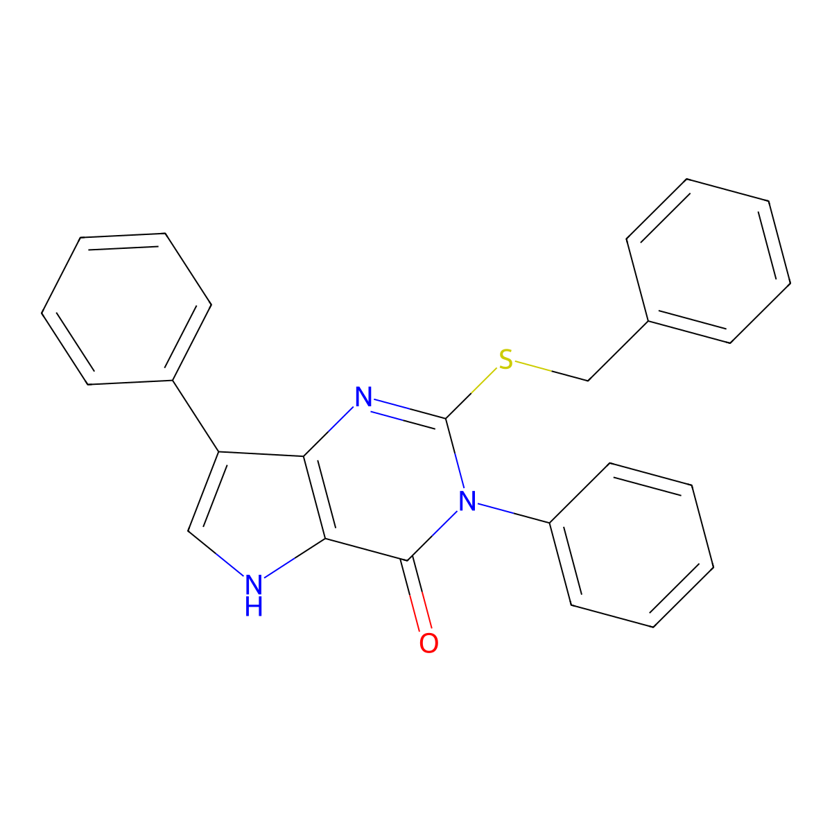 2-(benzylthio)-3,7-diphenyl-3H-pyrrolo[3,2-d]pyrimidin-4(5H)-one molecular structure, CAS 2034315-49-4