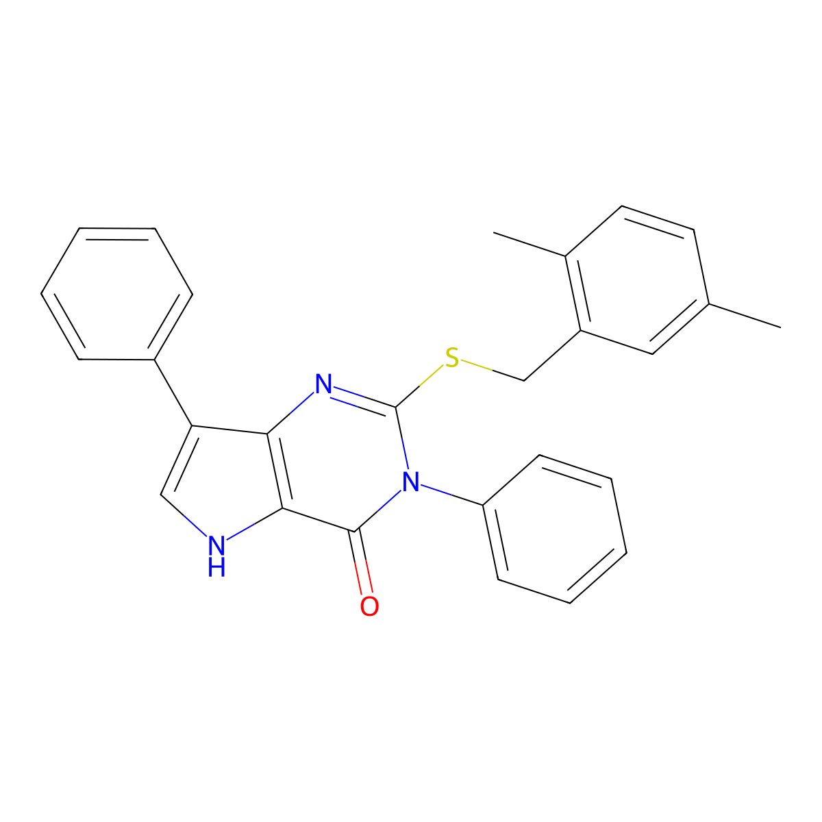 2-((2,5-dimethylbenzyl)thio)-3,7-diphenyl-3H-pyrrolo[3,2-d]pyrimidin-4(5H)-one molecular structure, CAS 2034315-56-3