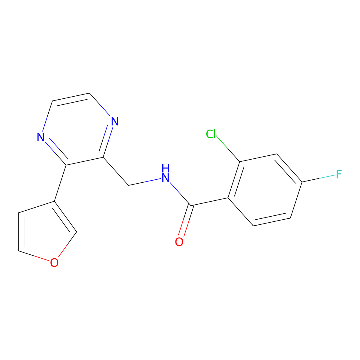 2-chloro-4-fluoro-N-((3-(furan-3-yl)pyrazin-2-yl)methyl)benzamide molecular structure, CAS 2034315-57-4