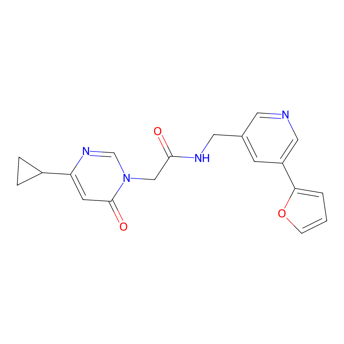 2-(4-cyclopropyl-6-oxopyrimidin-1(6H)-yl)-N-((5-(furan-2-yl)pyridin-3-yl)methyl)acetamide molecular structure, CAS 2034315-58-5