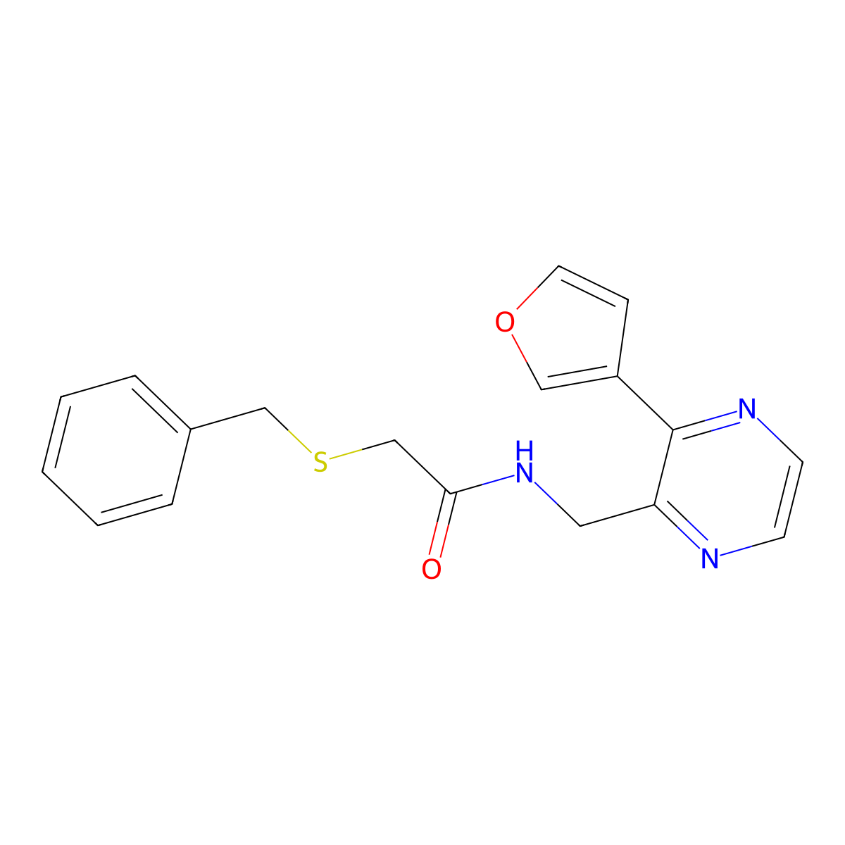 2-(benzylthio)-N-((3-(furan-3-yl)pyrazin-2-yl)methyl)acetamide molecular structure, CAS 2034315-72-3