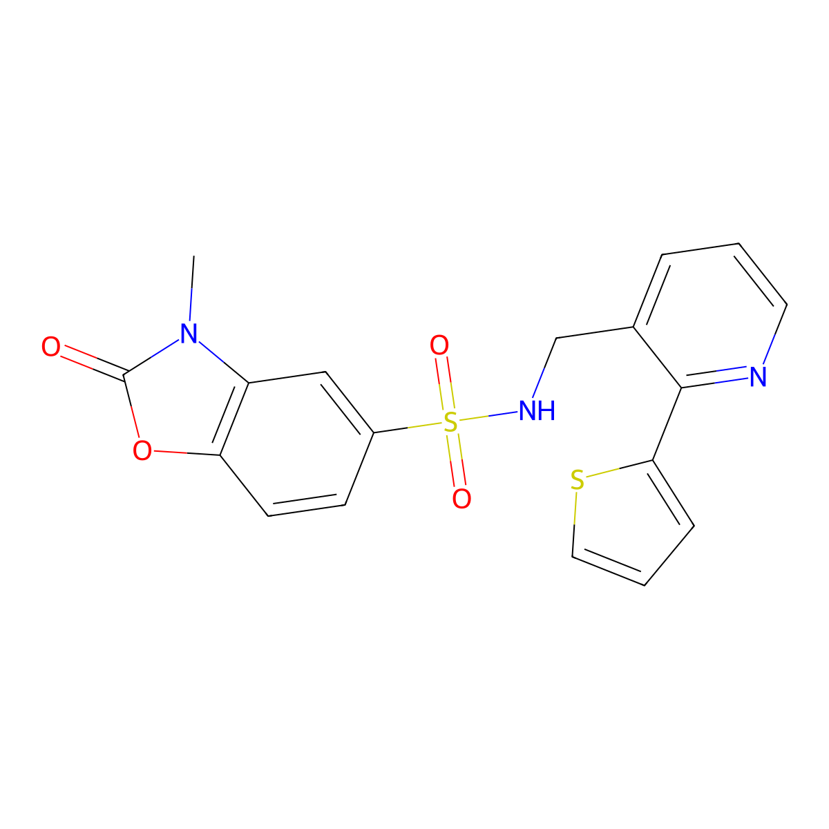 3-methyl-2-oxo-N-((2-(thiophen-2-yl)pyridin-3-yl)methyl)-2,3-dihydrobenzo[d]oxazole-5-sulfonamide molecular structure, CAS 2034315-79-0