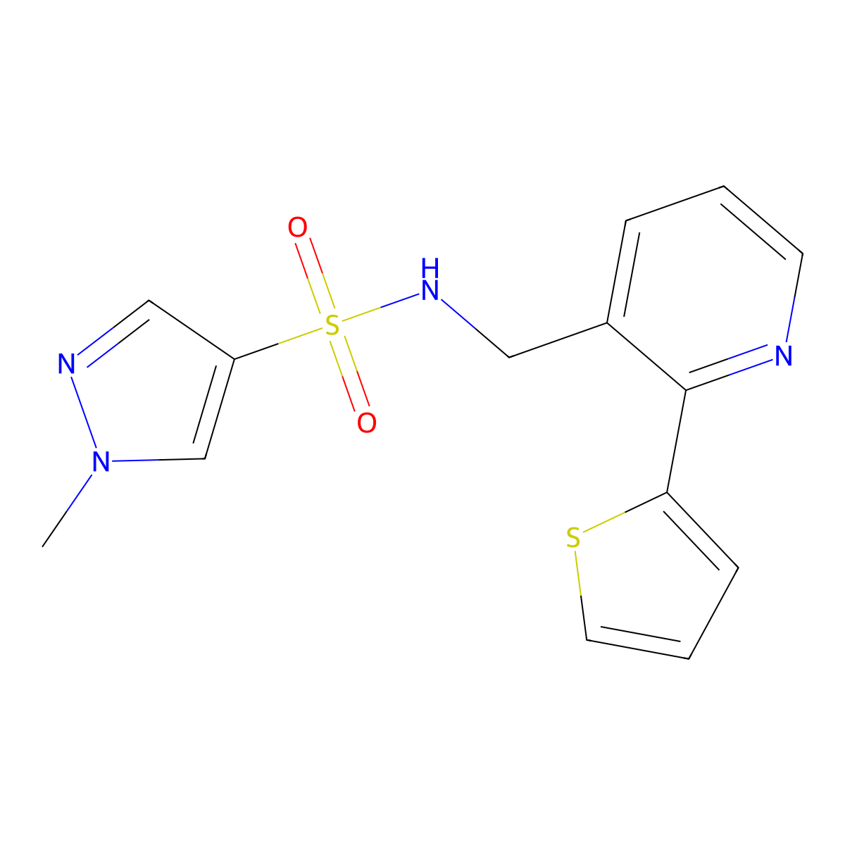 1-methyl-N-((2-(thiophen-2-yl)pyridin-3-yl)methyl)-1H-pyrazole-4-sulfonamide molecular structure, CAS 2034315-86-9