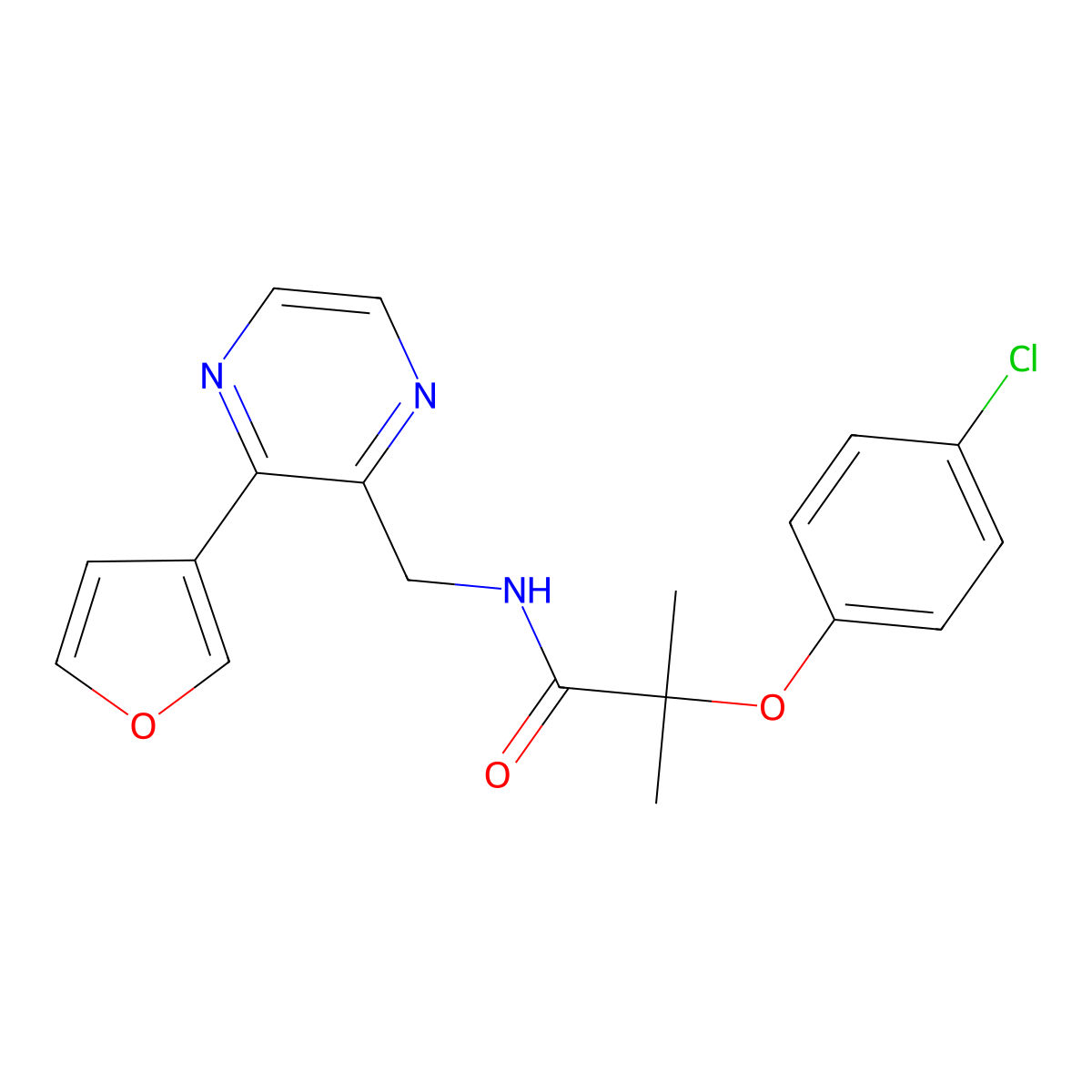 2-(4-chlorophenoxy)-N-((3-(furan-3-yl)pyrazin-2-yl)methyl)-2-methylpropanamide molecular structure, CAS 2034315-87-0