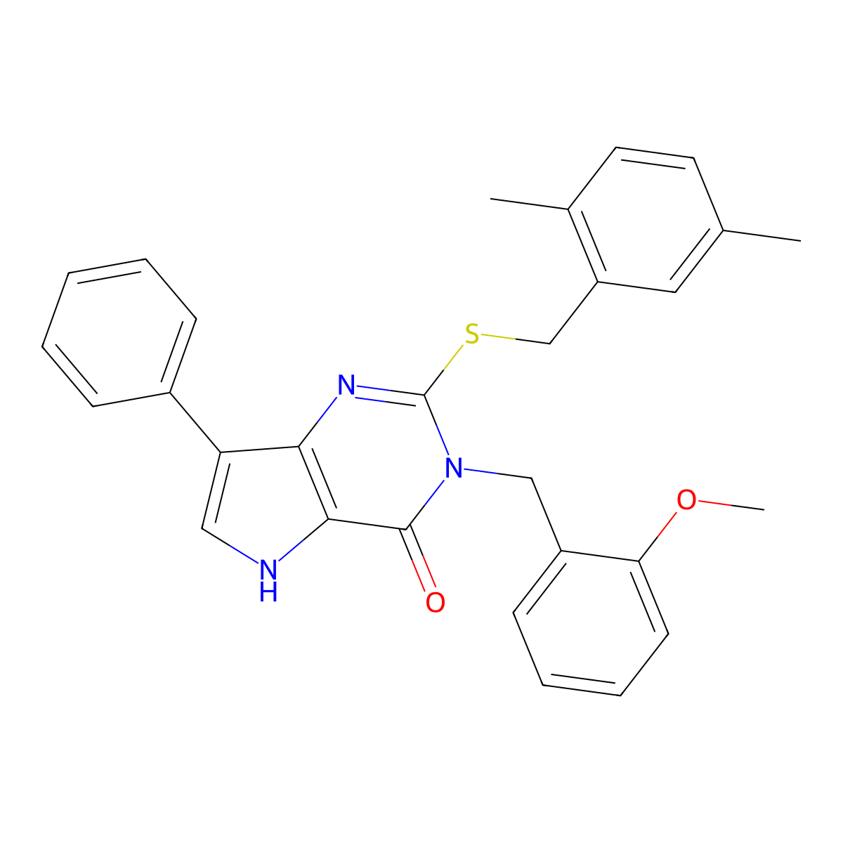 2-((2,5-dimethylbenzyl)thio)-3-(2-methoxybenzyl)-7-phenyl-3H-pyrrolo[3,2-d]pyrimidin-4(5H)-one molecular structure, CAS 2034315-95-0