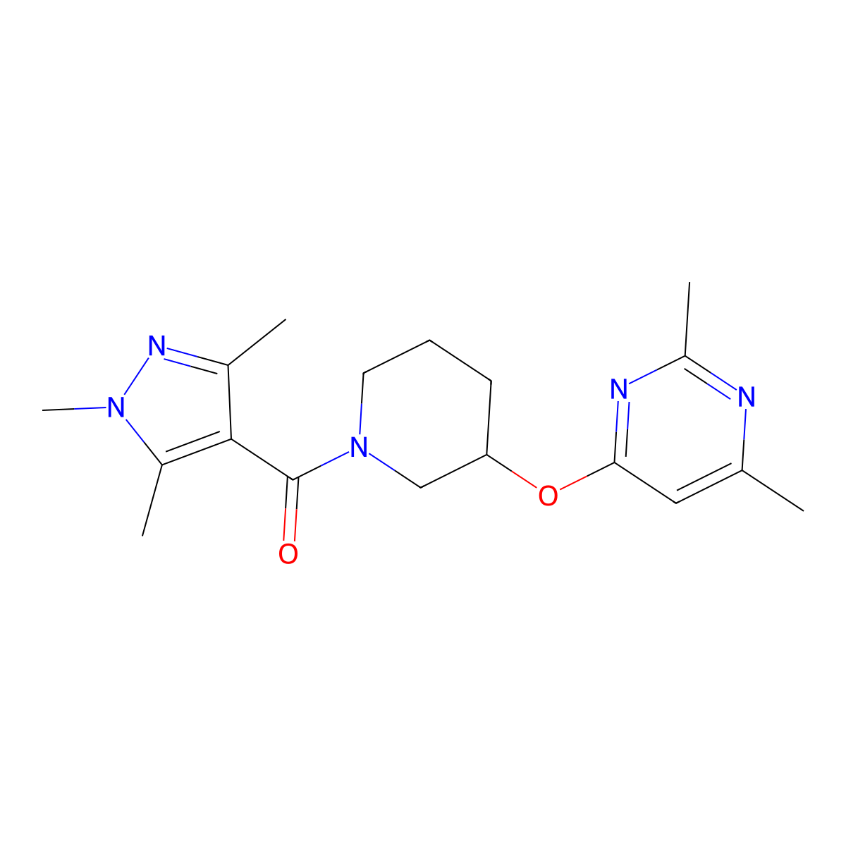 2,4-dimethyl-6-{[1-(1,3,5-trimethyl-1H-pyrazole-4-carbonyl)piperidin-3-yl]oxy}pyrimidine molecular structure, CAS 2034316-28-2