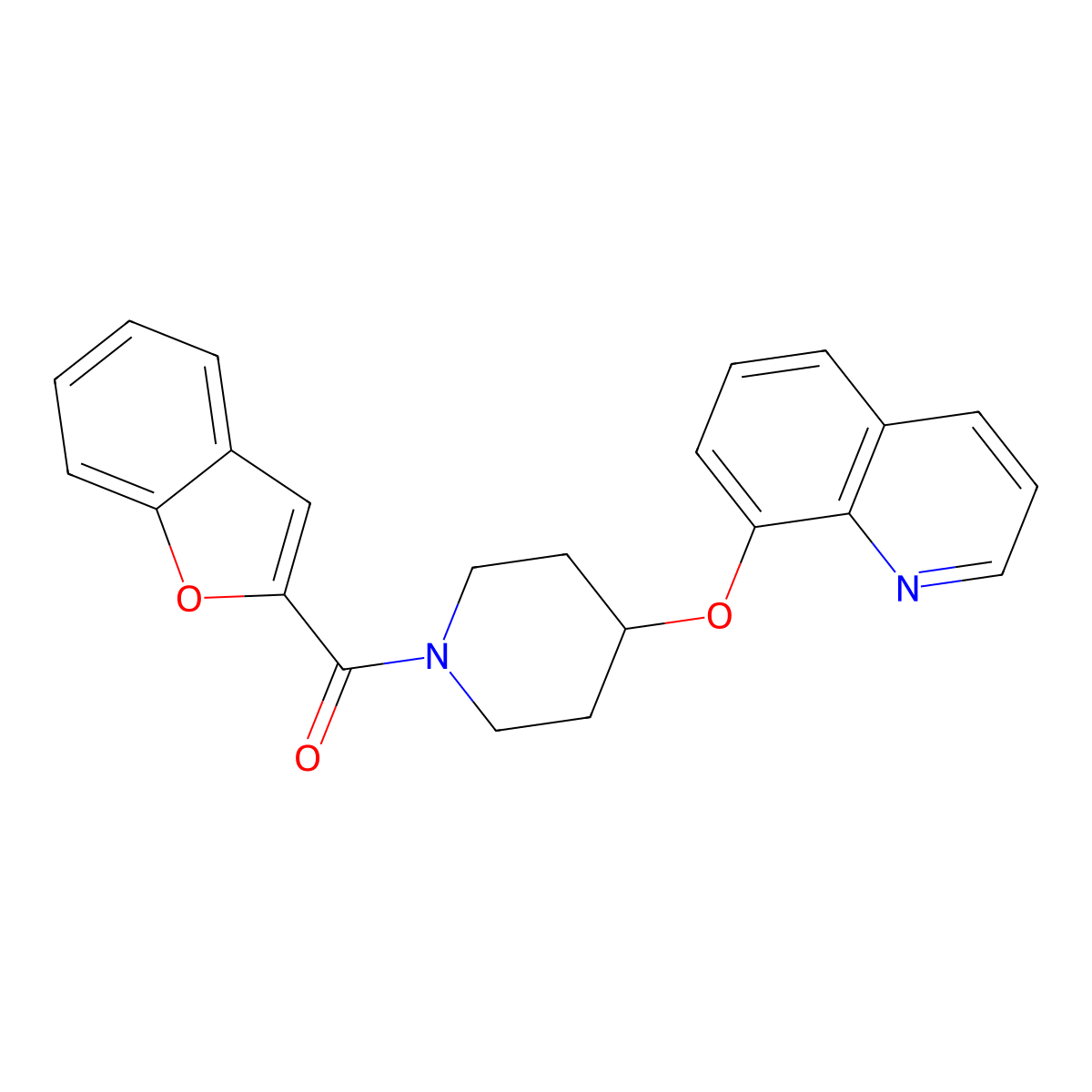 Benzofuran-2-yl(4-(quinolin-8-yloxy)piperidin-1-yl)methanone molecular structure, CAS 2034316-45-3