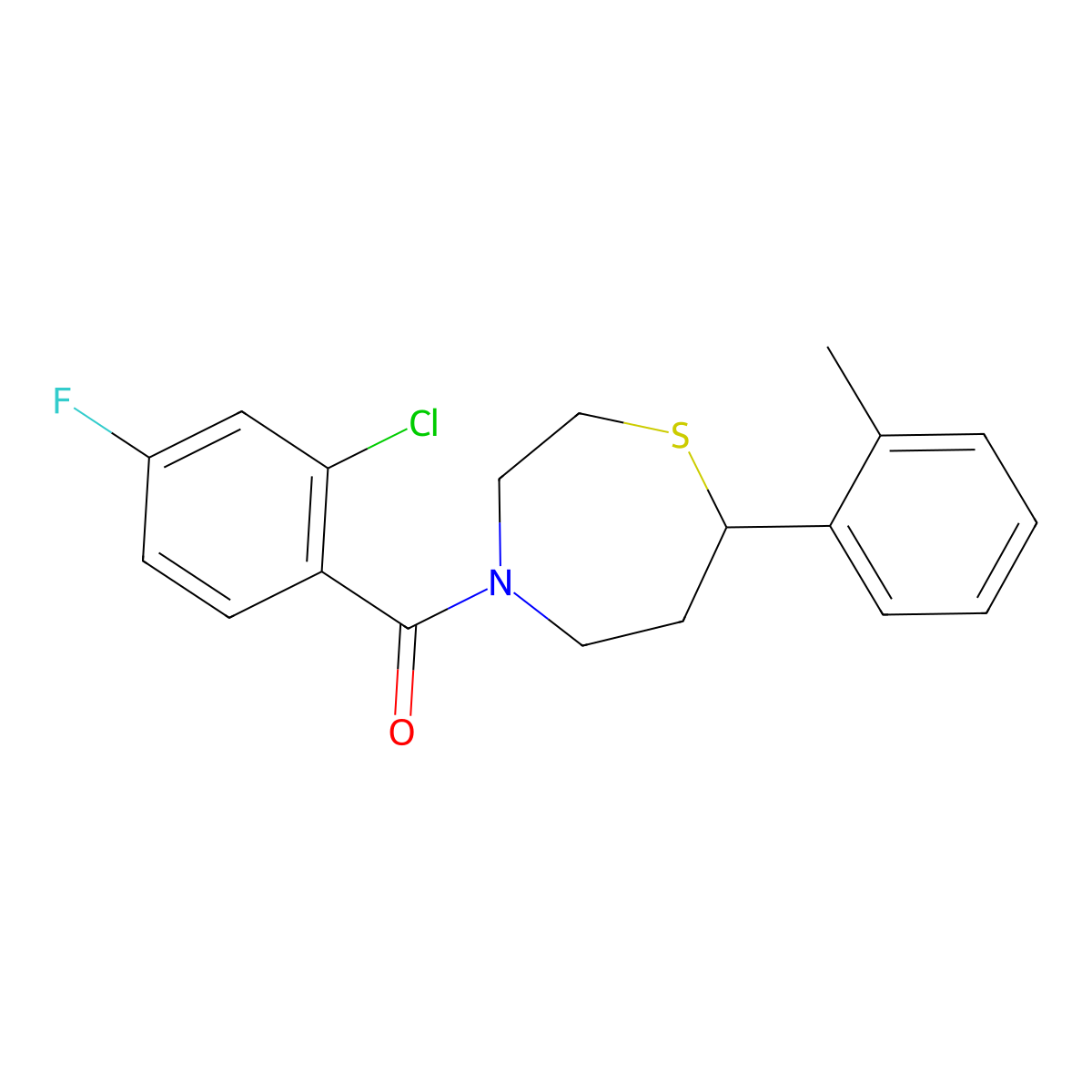 (2-Chloro-4-fluorophenyl)(7-(o-tolyl)-1,4-thiazepan-4-yl)methanone molecular structure, CAS 2034316-48-6