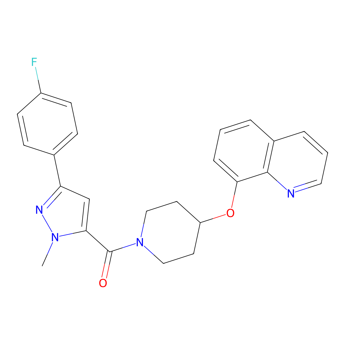 (3-(4-fluorophenyl)-1-methyl-1H-pyrazol-5-yl)(4-(quinolin-8-yloxy)piperidin-1-yl)methanone molecular structure, CAS 2034316-64-6