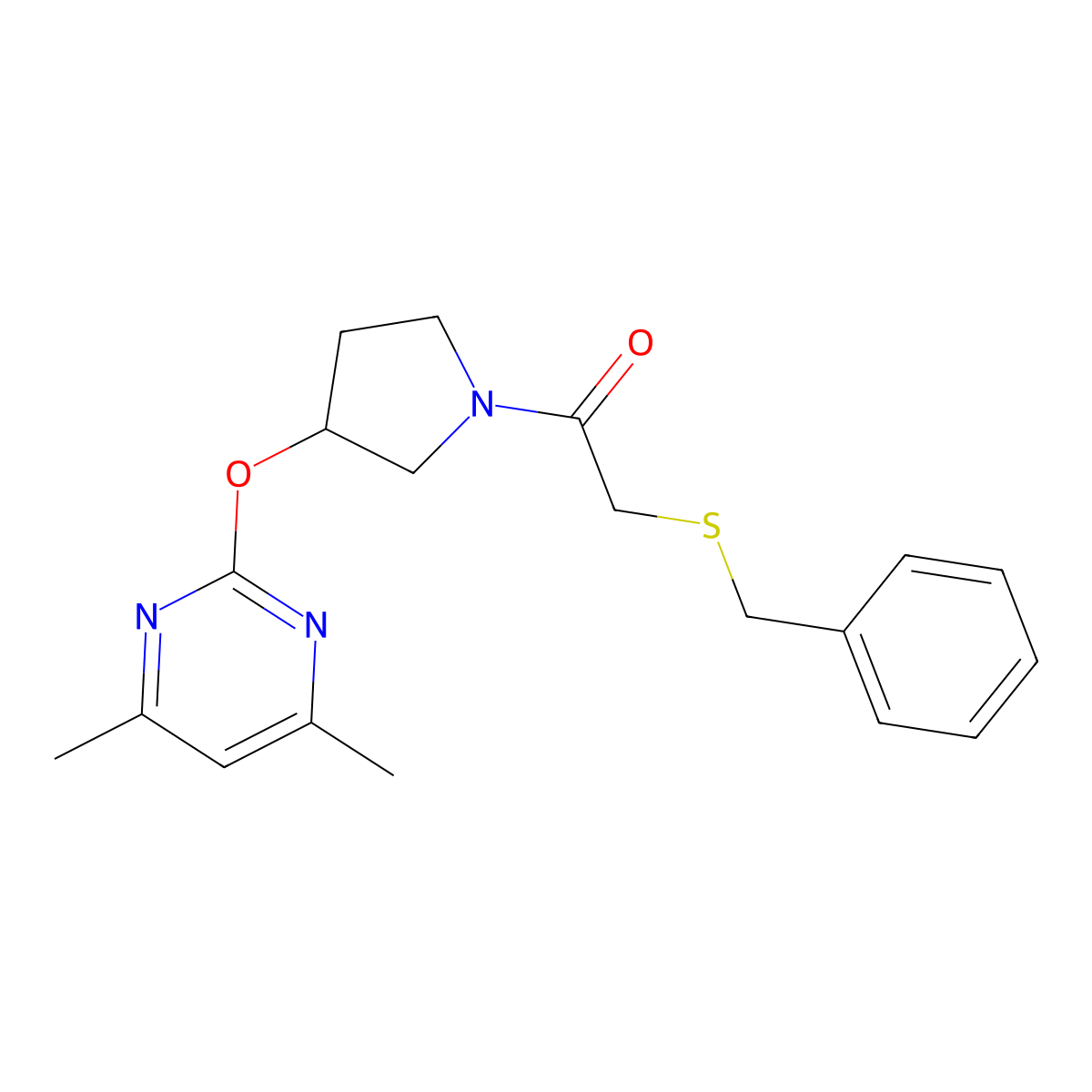 2-(Benzylthio)-1-(3-((4,6-dimethylpyrimidin-2-yl)oxy)pyrrolidin-1-yl)ethanone molecular structure, CAS 2034316-82-8
