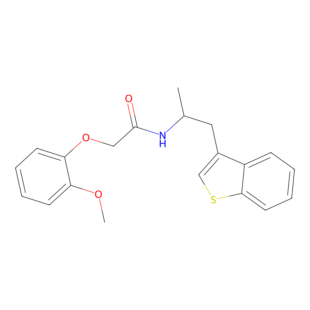 N-(1-(benzo[b]thiophen-3-yl)propan-2-yl)-2-(2-methoxyphenoxy)acetamide molecular structure, CAS 2034317-00-3