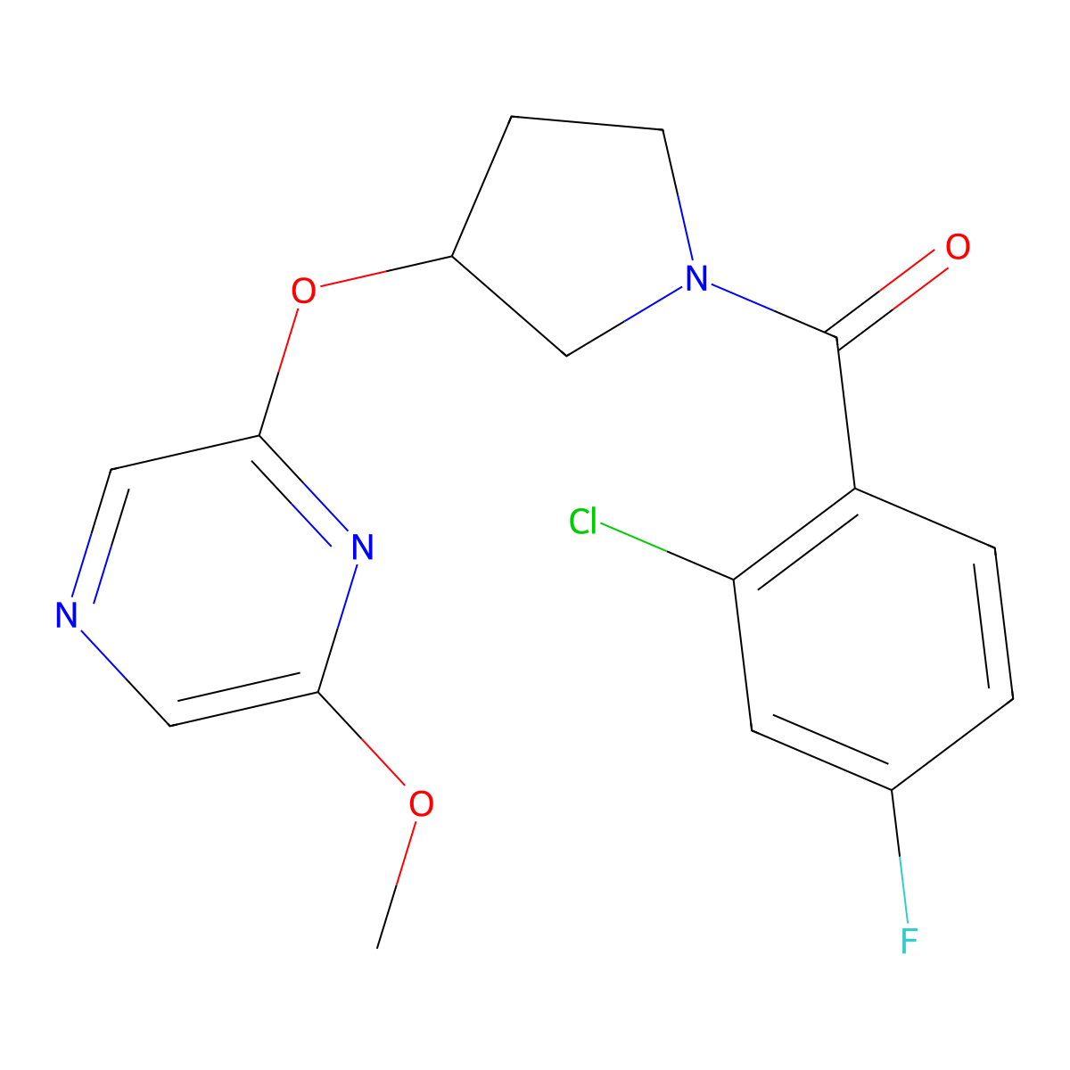 (2-Chloro-4-fluorophenyl)(3-((6-methoxypyrazin-2-yl)oxy)pyrrolidin-1-yl)methanone molecular structure, CAS 2034317-12-7