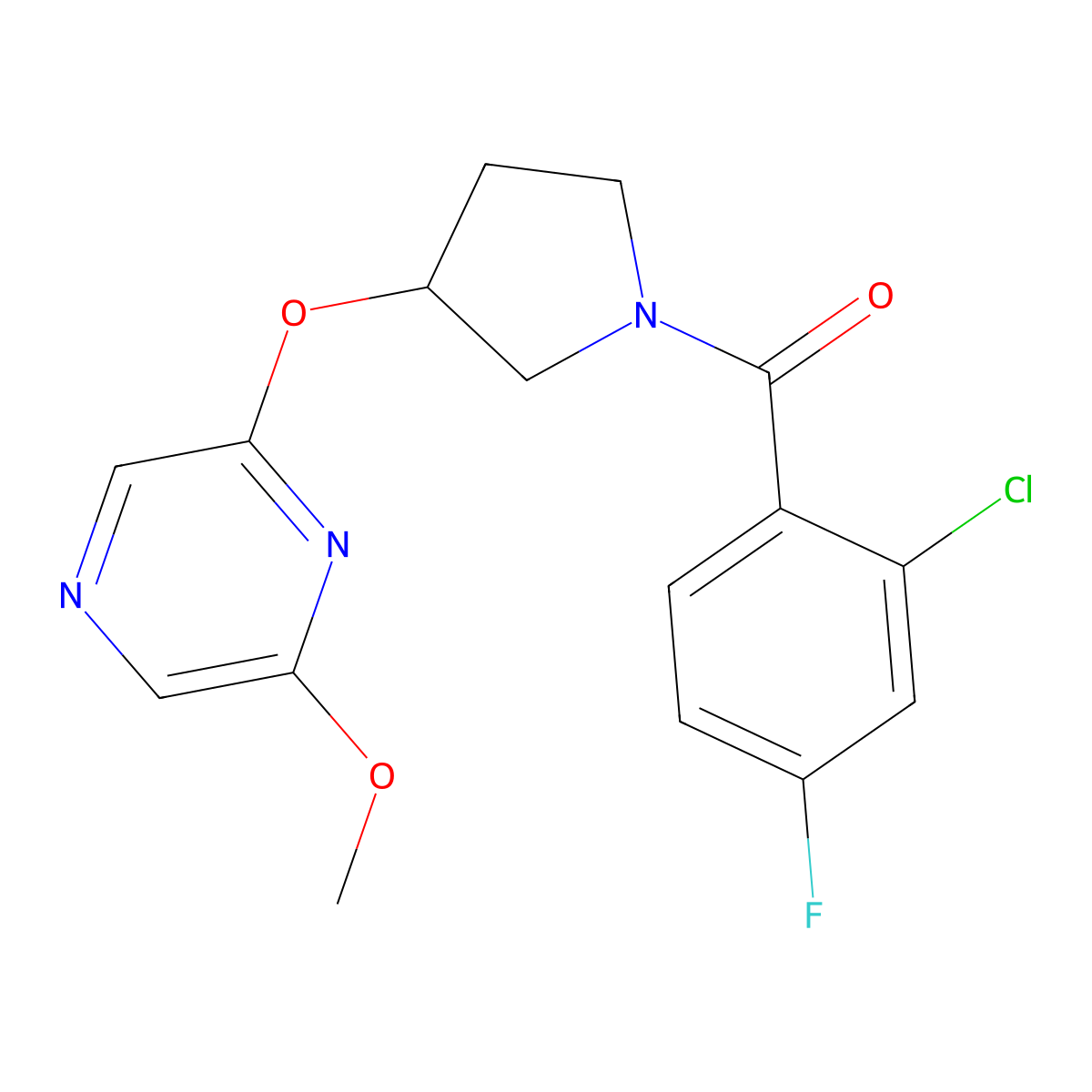(2-Chloro-4-fluorophenyl)(3-((6-methoxypyrazin-2-yl)oxy)pyrrolidin-1-yl)methanone molecular structure, CAS 2034317-12-7