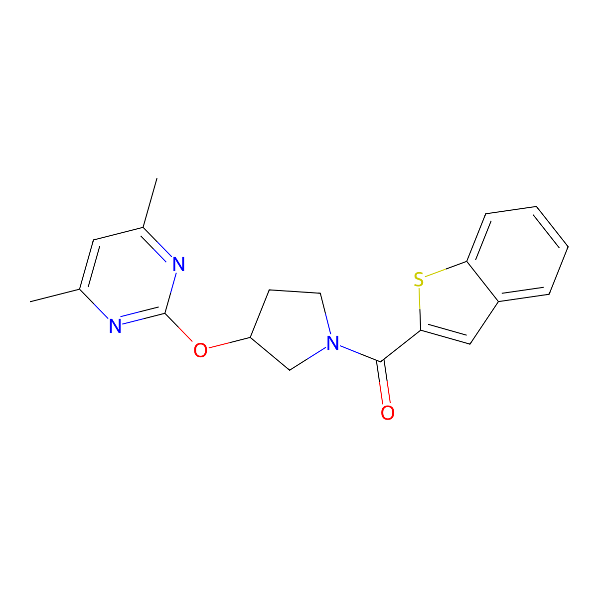 Benzo[b]thiophen-2-yl(3-((4,6-dimethylpyrimidin-2-yl)oxy)pyrrolidin-1-yl)methanone molecular structure, CAS 2034317-14-9