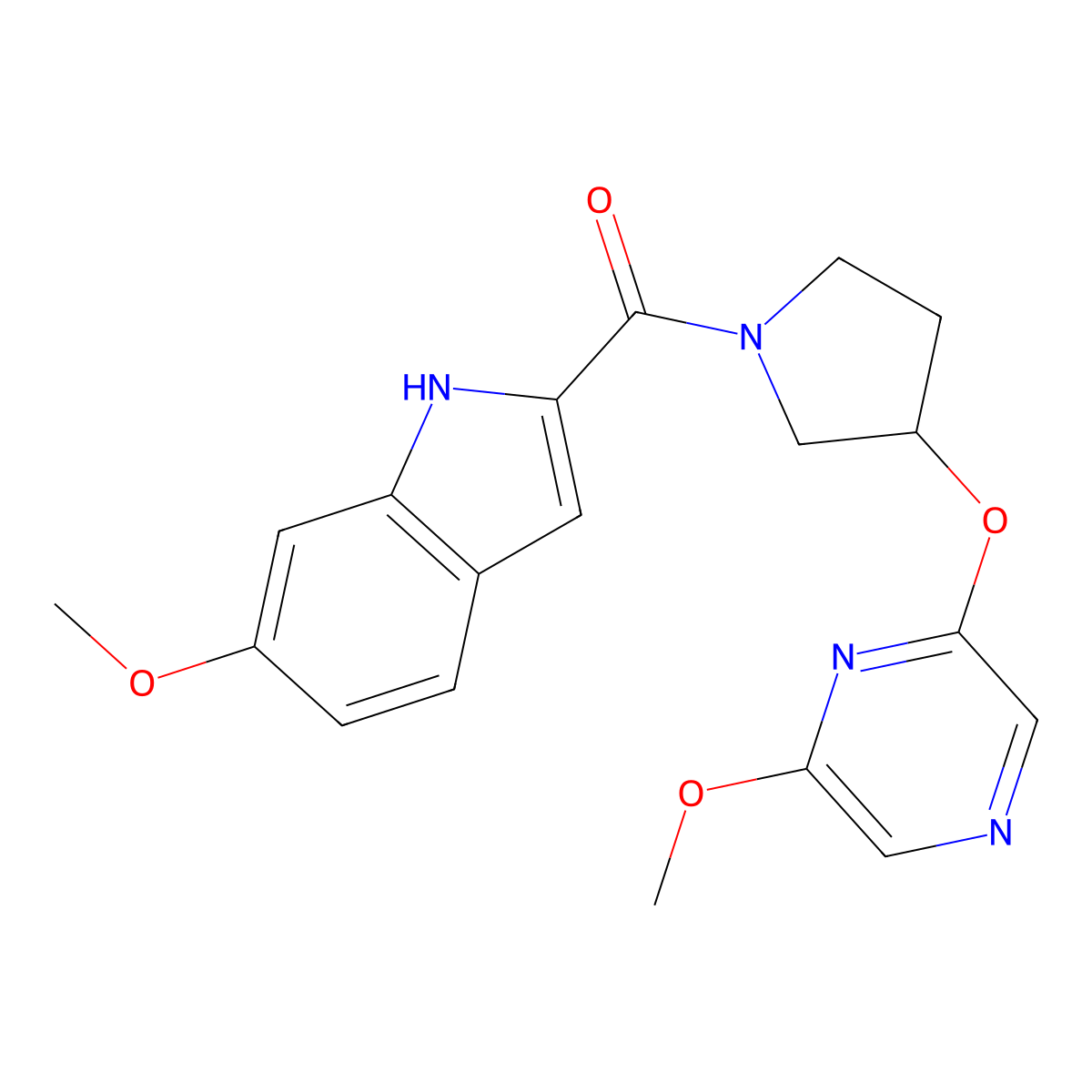 (6-methoxy-1H-indol-2-yl)(3-((6-methoxypyrazin-2-yl)oxy)pyrrolidin-1-yl)methanone molecular structure, CAS 2034317-18-3
