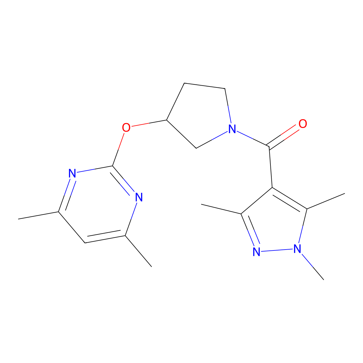 (3-((4,6-dimethylpyrimidin-2-yl)oxy)pyrrolidin-1-yl)(1,3,5-trimethyl-1H-pyrazol-4-yl)methanone molecular structure, CAS 2034317-20-7