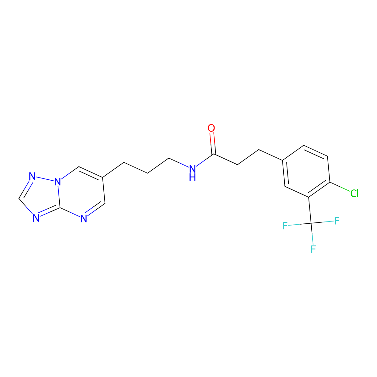 N-(3-([1,2,4]triazolo[1,5-a]pyrimidin-6-yl)propyl)-3-(4-chloro-3-(trifluoromethyl)phenyl)propanamide molecular structure, CAS 2034317-25-2