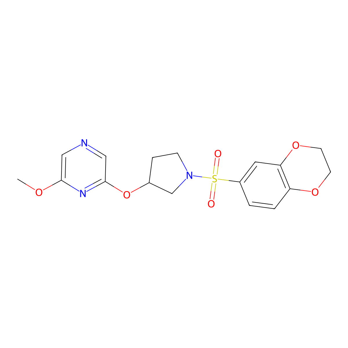 2-((1-((2,3-Dihydrobenzo[b][1,4]dioxin-6-yl)sulfonyl)pyrrolidin-3-yl)oxy)-6-methoxypyrazine molecular structure, CAS 2034317-49-0