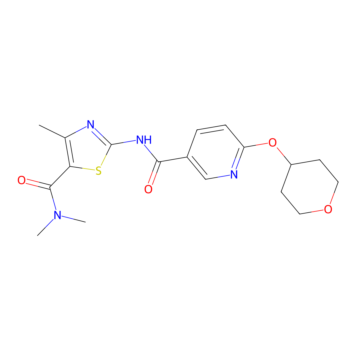 N,N,4-trimethyl-2-(6-((tetrahydro-2H-pyran-4-yl)oxy)nicotinamido)thiazole-5-carboxamide molecular structure, CAS 2034317-67-2