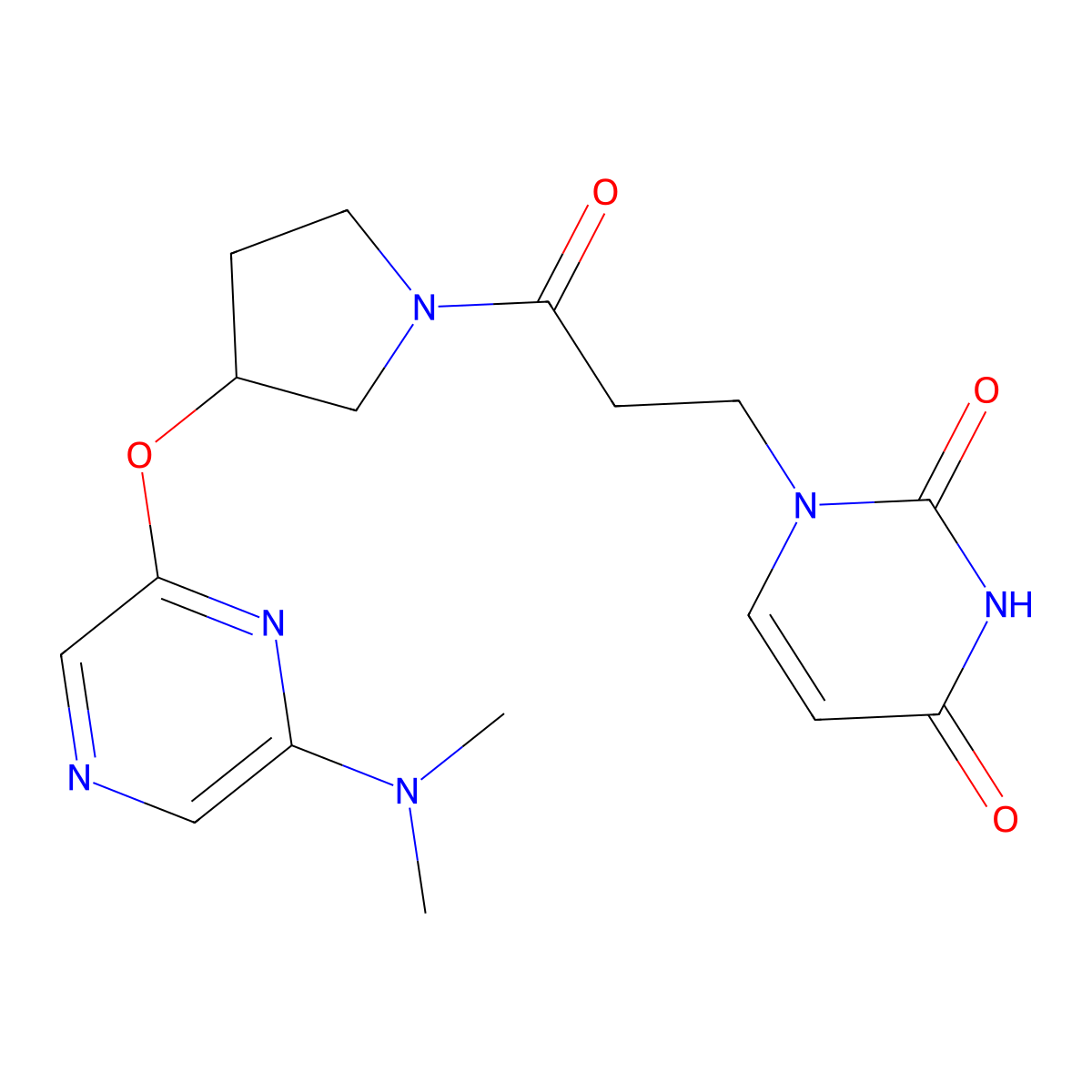 1-(3-(3-((6-(dimethylamino)pyrazin-2-yl)oxy)pyrrolidin-1-yl)-3-oxopropyl)pyrimidine-2,4(1H,3H)-dione molecular structure, CAS 2034317-73-0