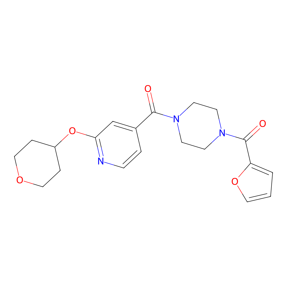 (4-(furan-2-carbonyl)piperazin-1-yl)(2-((tetrahydro-2H-pyran-4-yl)oxy)pyridin-4-yl)methanone molecular structure, CAS 2034317-80-9