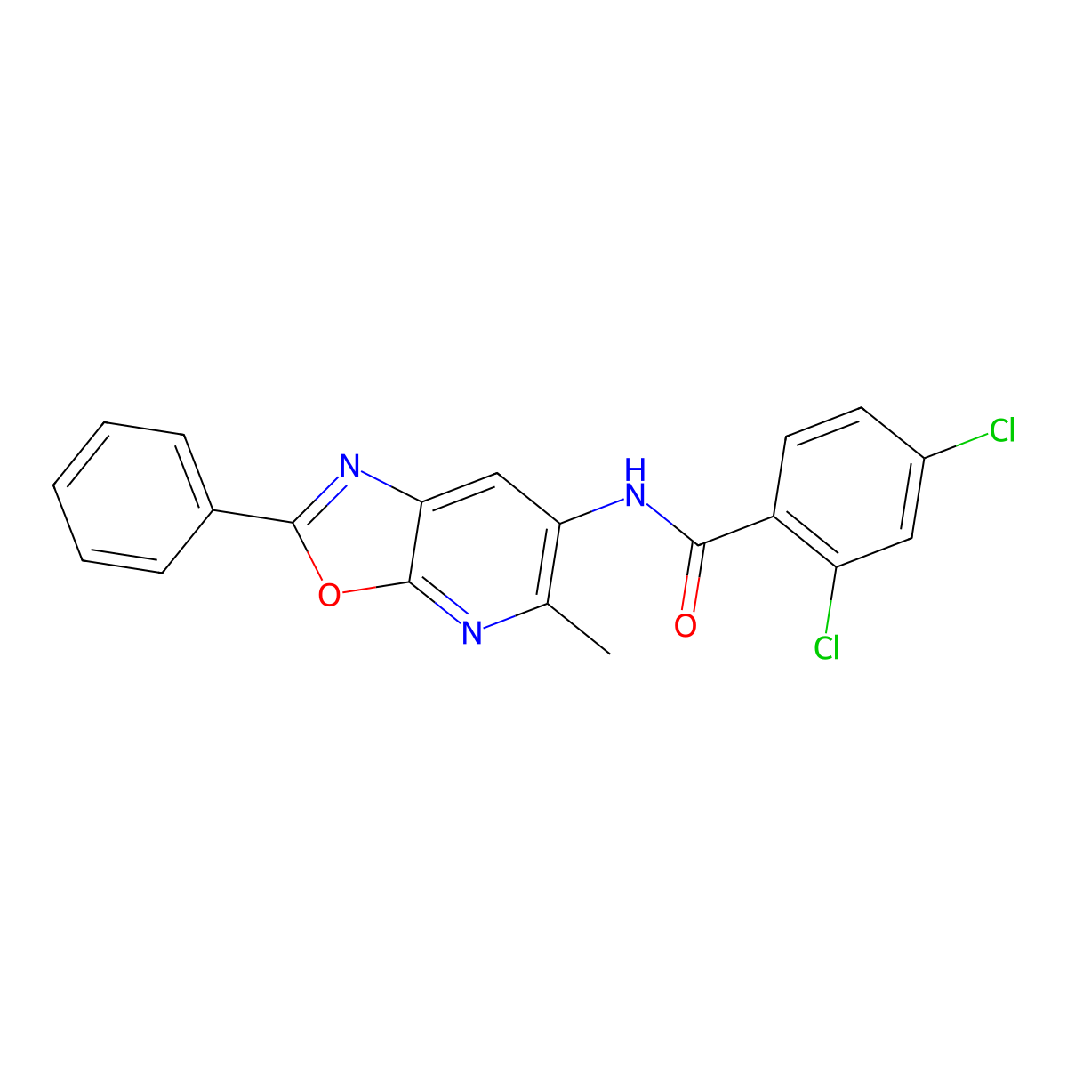 2,4-dichloro-N-(5-methyl-2-phenyloxazolo[5,4-b]pyridin-6-yl)benzamide molecular structure, CAS 2034317-96-7