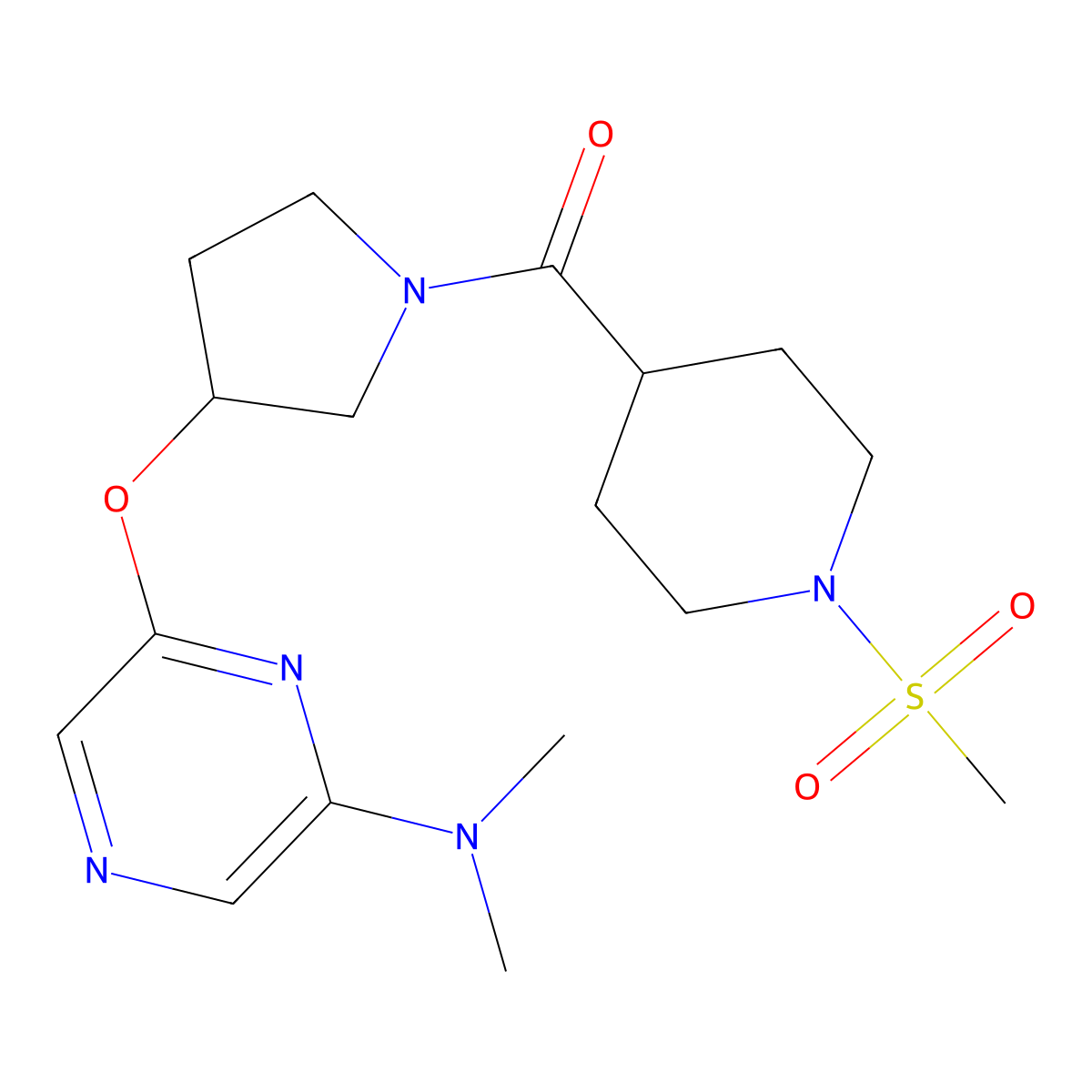 (3-((6-(Dimethylamino)pyrazin-2-yl)oxy)pyrrolidin-1-yl)(1-(methylsulfonyl)piperidin-4-yl)methanone molecular structure, CAS 2034317-97-8