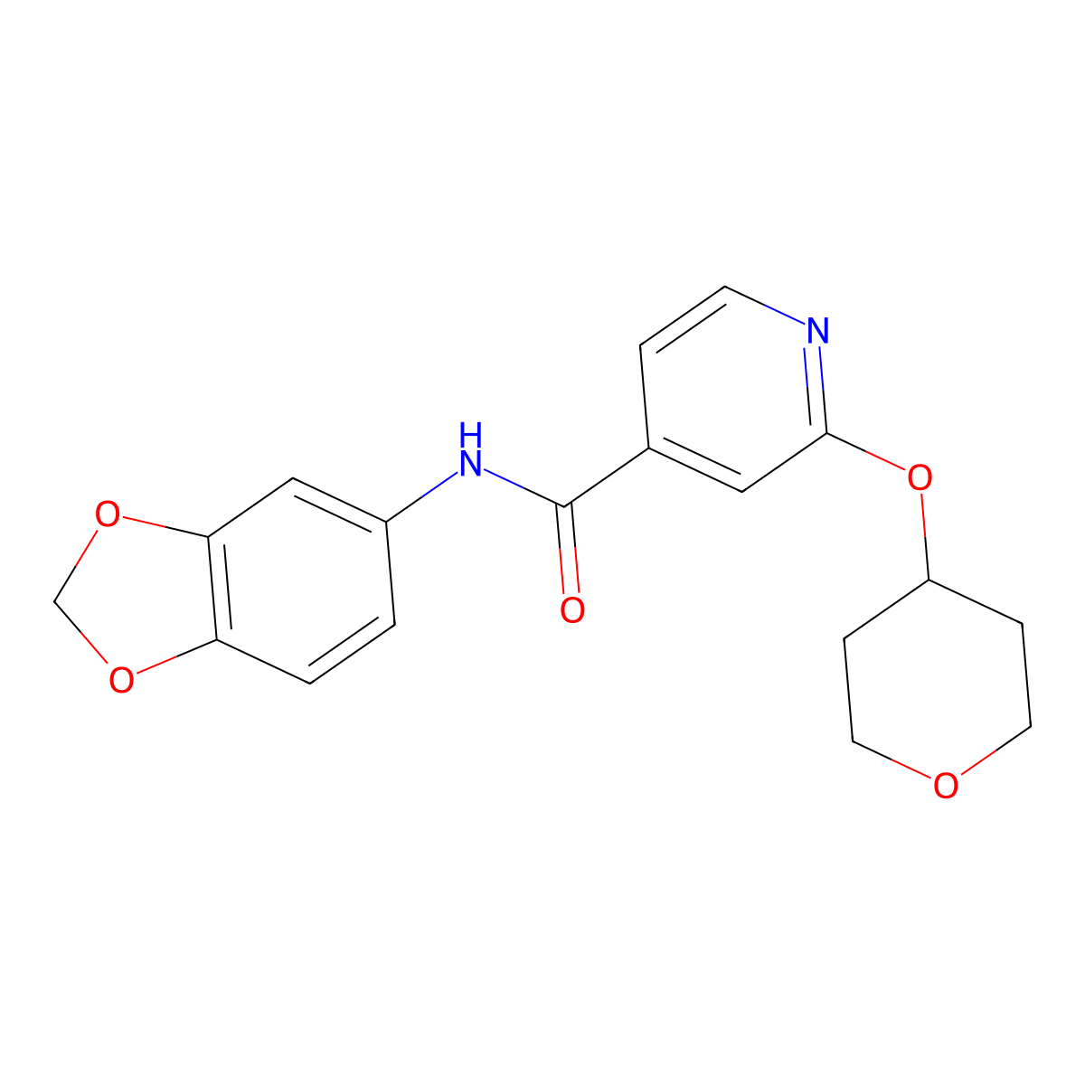 N-(benzo[d][1,3]dioxol-5-yl)-2-((tetrahydro-2H-pyran-4-yl)oxy)isonicotinamide molecular structure, CAS 2034318-09-5