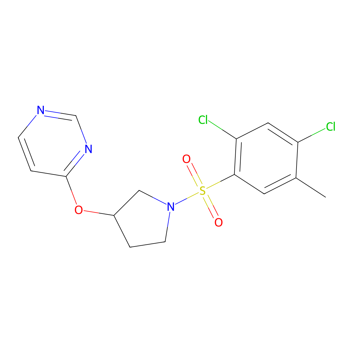 4-((1-((2,4-Dichloro-5-methylphenyl)sulfonyl)pyrrolidin-3-yl)oxy)pyrimidine molecular structure, CAS 2034318-13-1