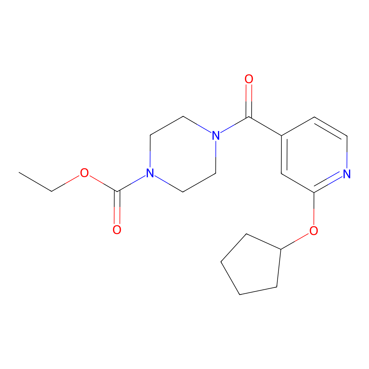 Ethyl 4-(2-(cyclopentyloxy)isonicotinoyl)piperazine-1-carboxylate molecular structure, CAS 2034318-21-1