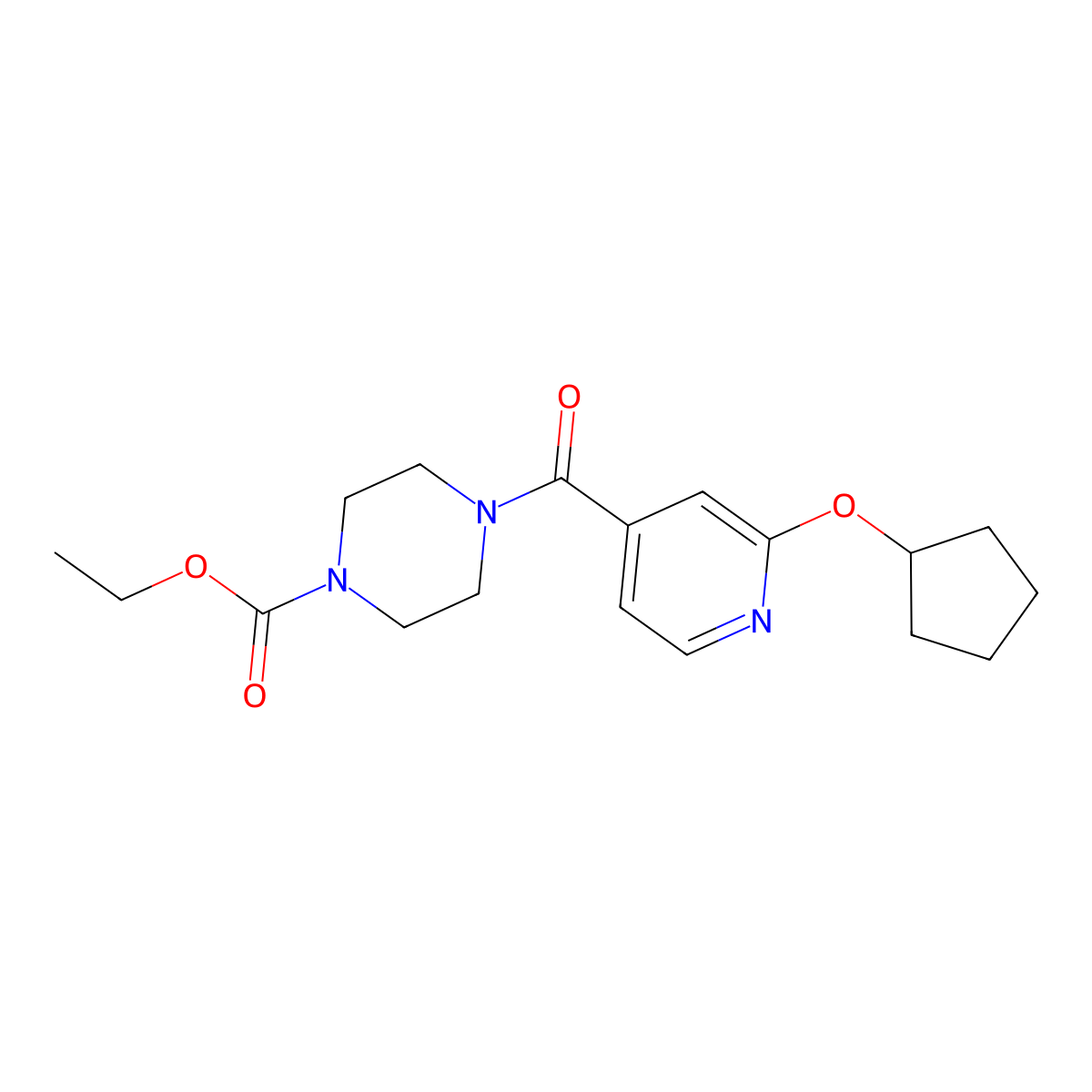 Ethyl 4-(2-(cyclopentyloxy)isonicotinoyl)piperazine-1-carboxylate molecular structure, CAS 2034318-21-1