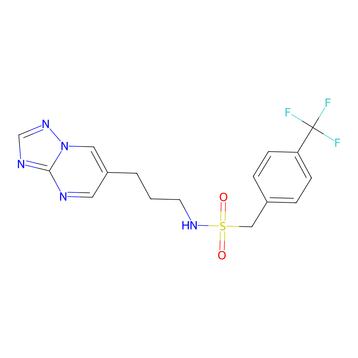 N-(3-([1,2,4]triazolo[1,5-a]pyrimidin-6-yl)propyl)-1-(4-(trifluoromethyl)phenyl)methanesulfonamide molecular structure, CAS 2034318-31-3