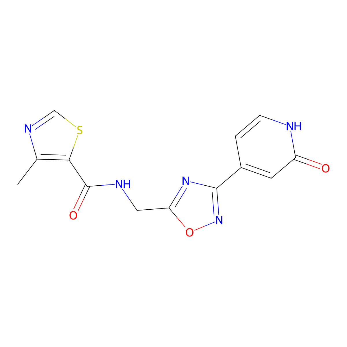 4-methyl-N-((3-(2-oxo-1,2-dihydropyridin-4-yl)-1,2,4-oxadiazol-5-yl)methyl)thiazole-5-carboxamide molecular structure, CAS 2034318-33-5