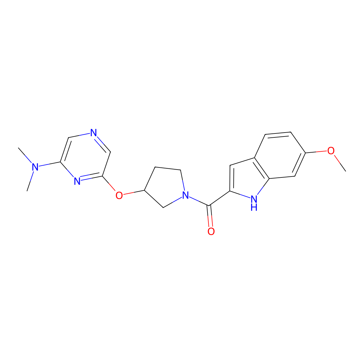 (3-((6-(dimethylamino)pyrazin-2-yl)oxy)pyrrolidin-1-yl)(6-methoxy-1H-indol-2-yl)methanone molecular structure, CAS 2034318-60-8