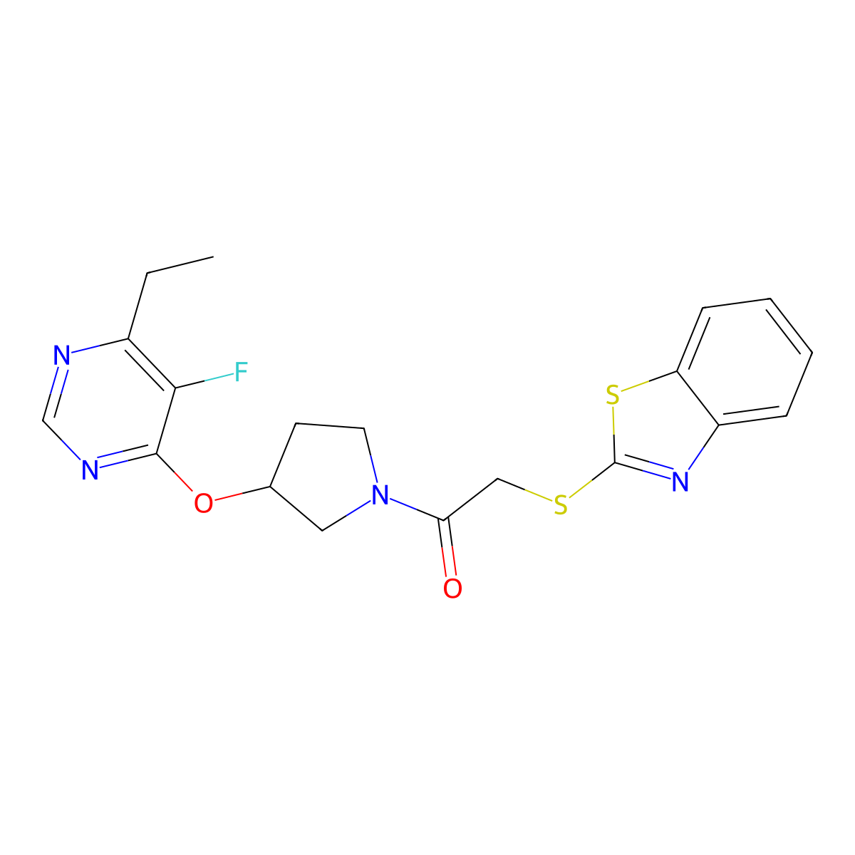 2-(Benzo[d]thiazol-2-ylthio)-1-(3-((6-ethyl-5-fluoropyrimidin-4-yl)oxy)pyrrolidin-1-yl)ethanone molecular structure, CAS 2034318-90-4