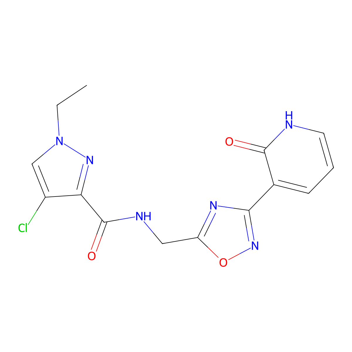 4-chloro-1-ethyl-N-((3-(2-oxo-1,2-dihydropyridin-3-yl)-1,2,4-oxadiazol-5-yl)methyl)-1H-pyrazole-3-carboxamide molecular structure, CAS 2034318-93-7