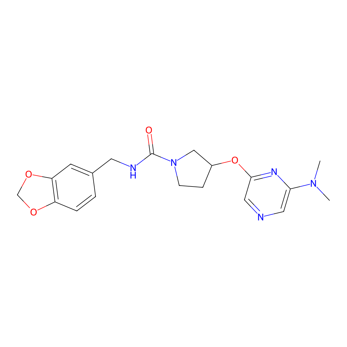 N-(benzo[d][1,3]dioxol-5-ylmethyl)-3-((6-(dimethylamino)pyrazin-2-yl)oxy)pyrrolidine-1-carboxamide molecular structure, CAS 2034319-21-4