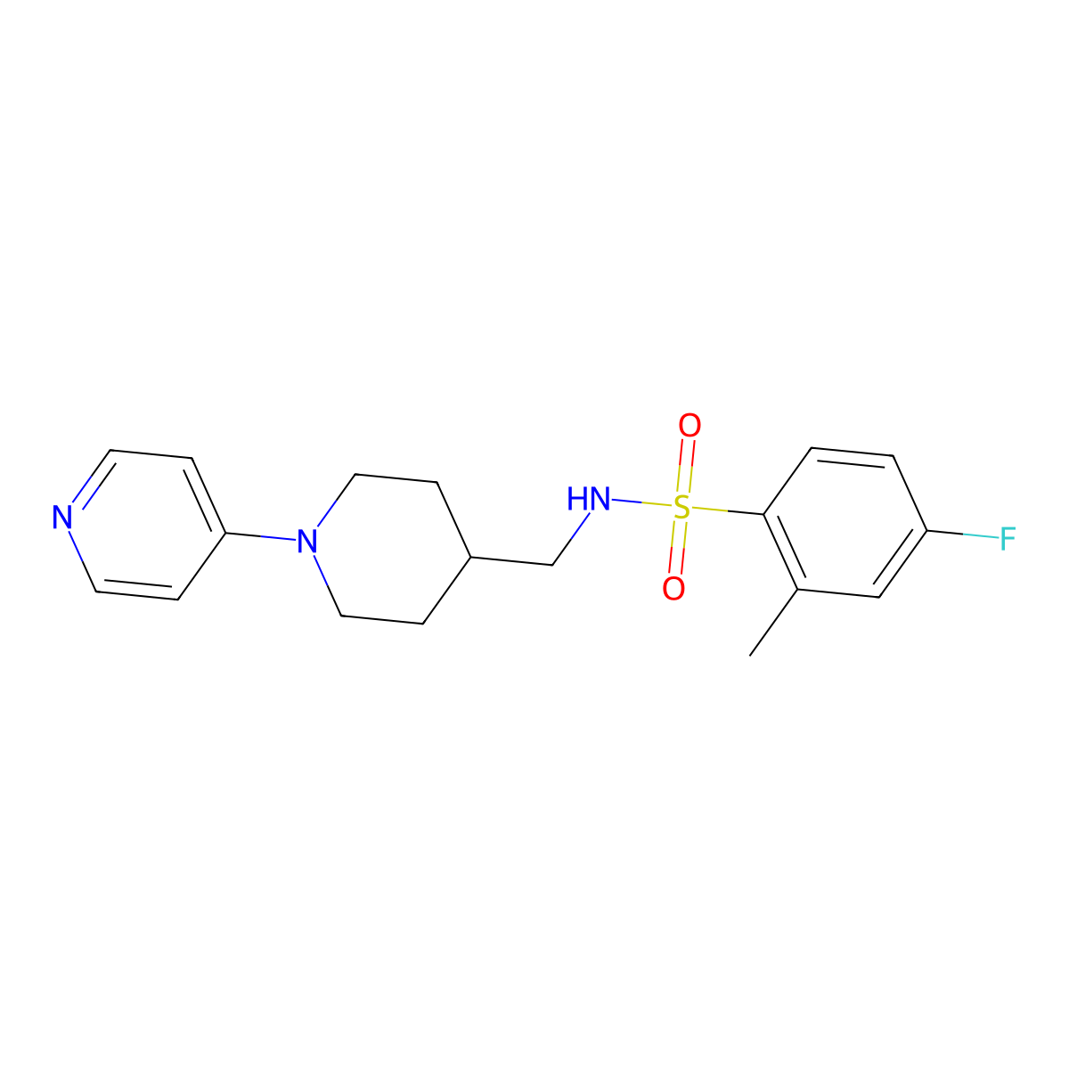 4-fluoro-2-methyl-N-((1-(pyridin-4-yl)piperidin-4-yl)methyl)benzenesulfonamide molecular structure, CAS 2034319-23-6