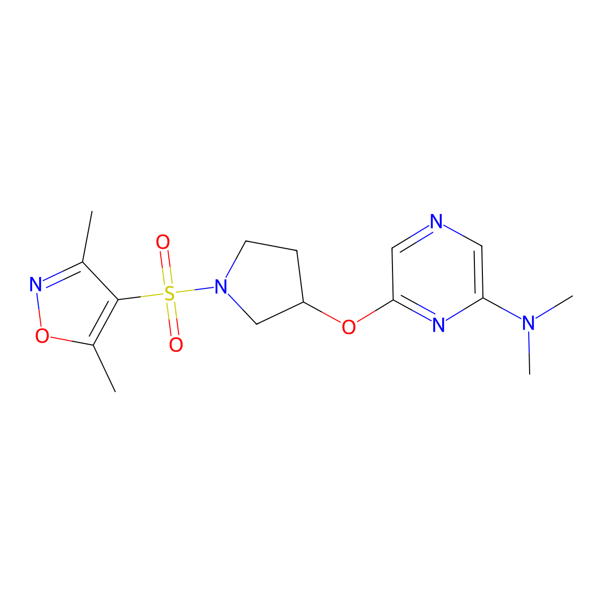 6-((1-((3,5-dimethylisoxazol-4-yl)sulfonyl)pyrrolidin-3-yl)oxy)-N,N-dimethylpyrazin-2-amine molecular structure, CAS 2034319-32-7