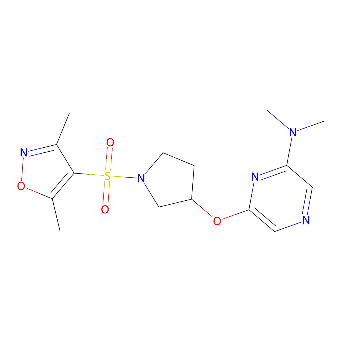 6-((1-((3,5-dimethylisoxazol-4-yl)sulfonyl)pyrrolidin-3-yl)oxy)-N,N-dimethylpyrazin-2-amine molecular structure, CAS 2034319-32-7
