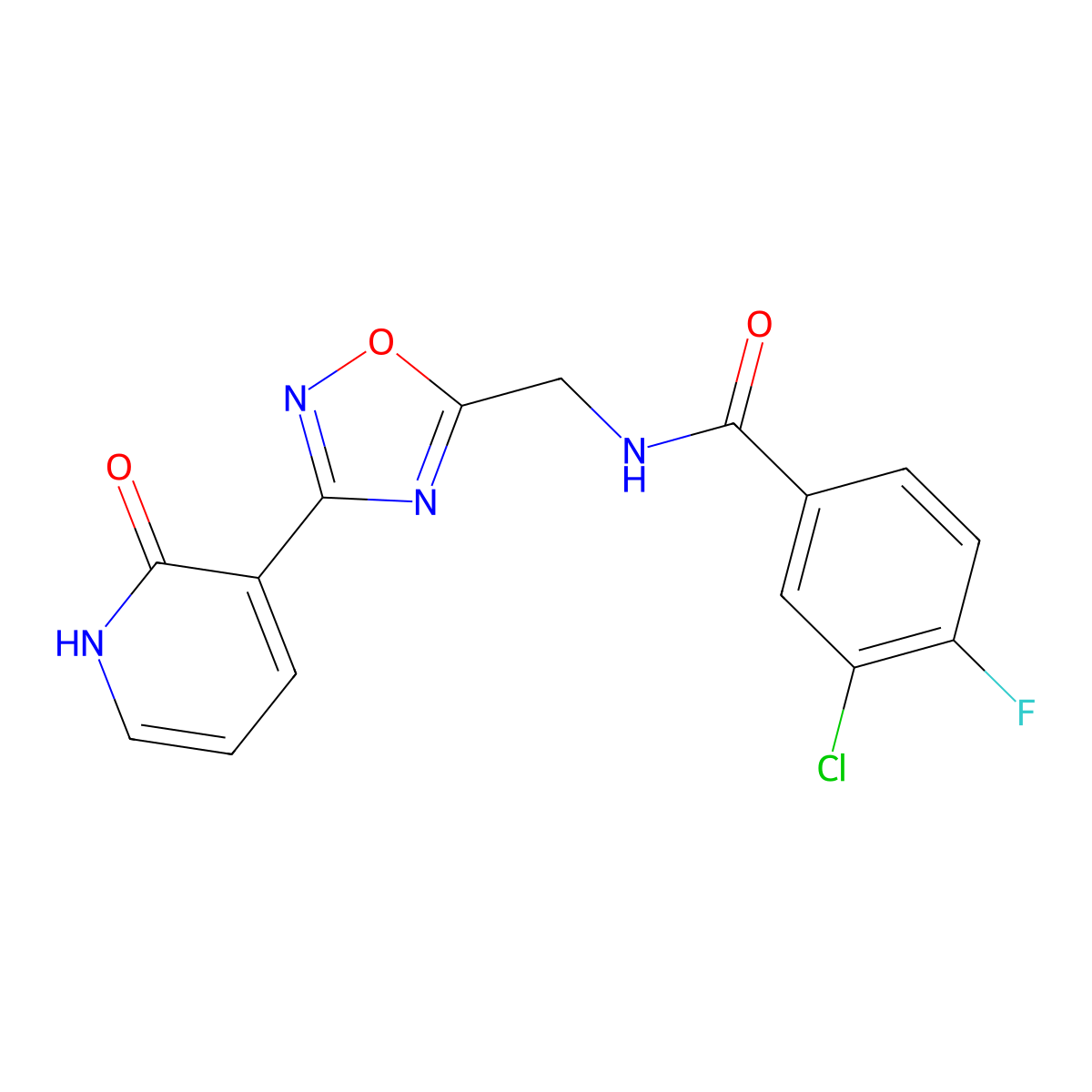 3-chloro-4-fluoro-N-((3-(2-oxo-1,2-dihydropyridin-3-yl)-1,2,4-oxadiazol-5-yl)methyl)benzamide molecular structure, CAS 2034319-38-3