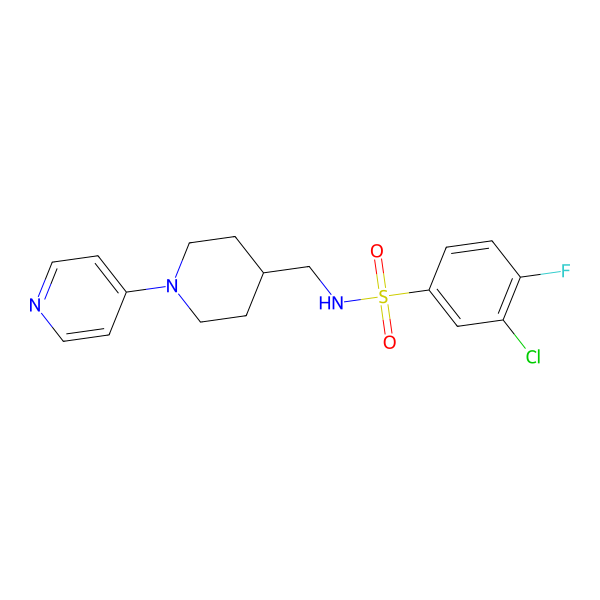 3-chloro-4-fluoro-N-((1-(pyridin-4-yl)piperidin-4-yl)methyl)benzenesulfonamide molecular structure, CAS 2034319-49-6