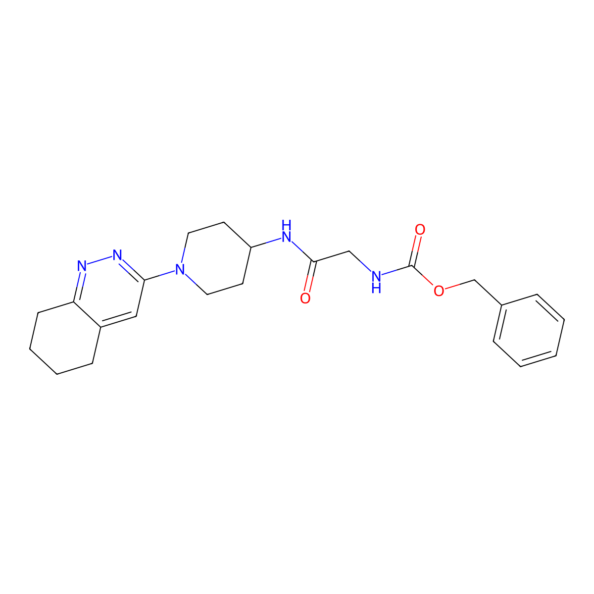 Benzyl (2-oxo-2-((1-(5,6,7,8-tetrahydrocinnolin-3-yl)piperidin-4-yl)amino)ethyl)carbamate molecular structure, CAS 2034319-54-3