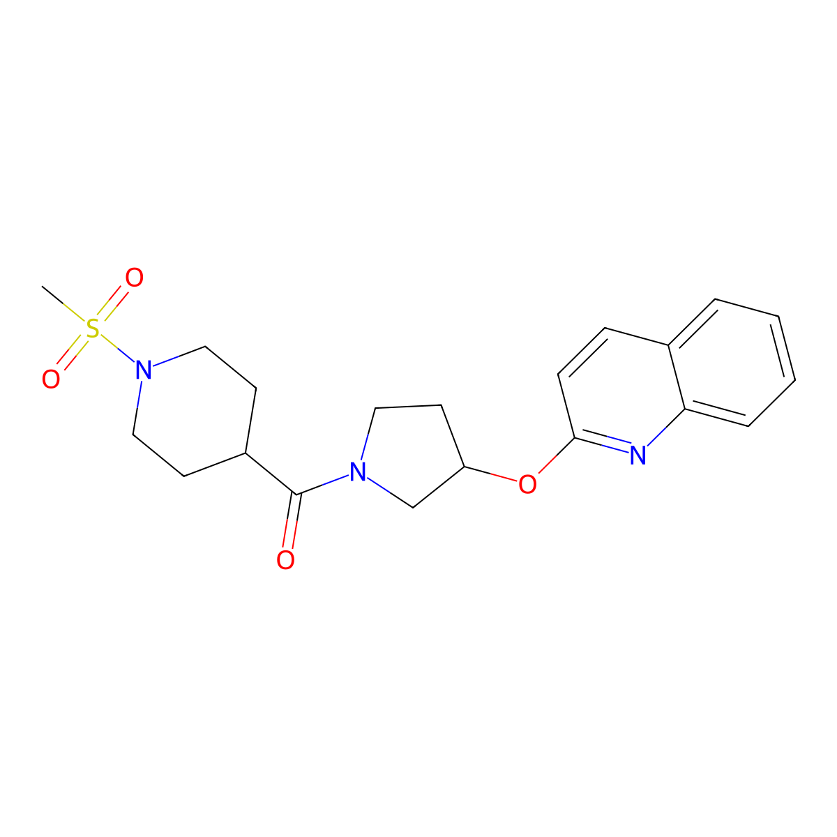 (1-(Methylsulfonyl)piperidin-4-yl)(3-(quinolin-2-yloxy)pyrrolidin-1-yl)methanone molecular structure, CAS 2034319-56-5