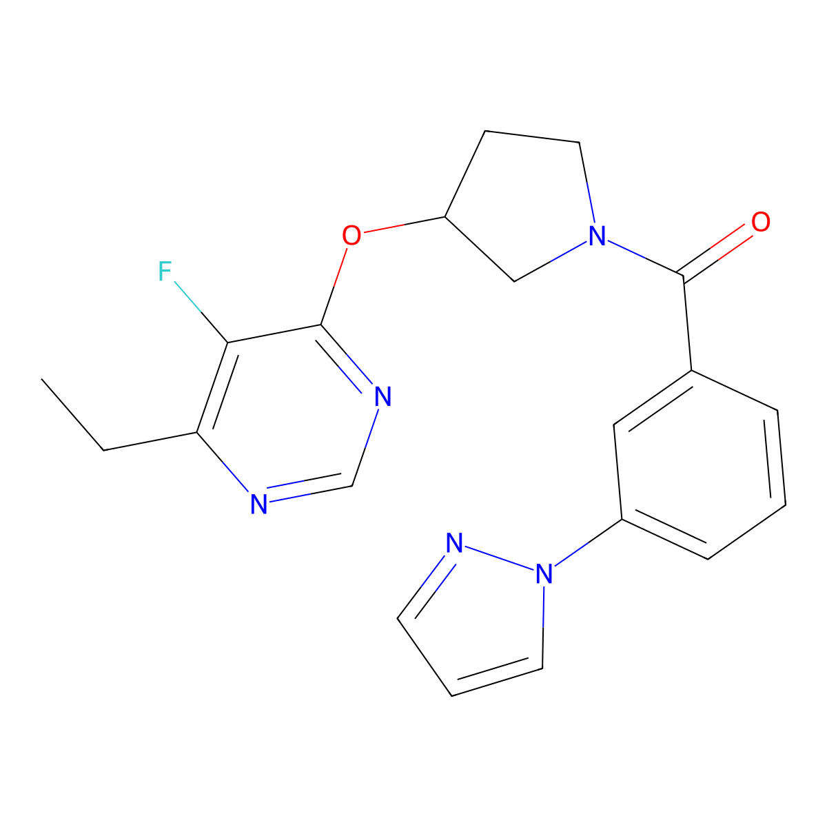 (3-(1H-pyrazol-1-yl)phenyl)(3-((6-ethyl-5-fluoropyrimidin-4-yl)oxy)pyrrolidin-1-yl)methanone molecular structure, CAS 2034319-65-6