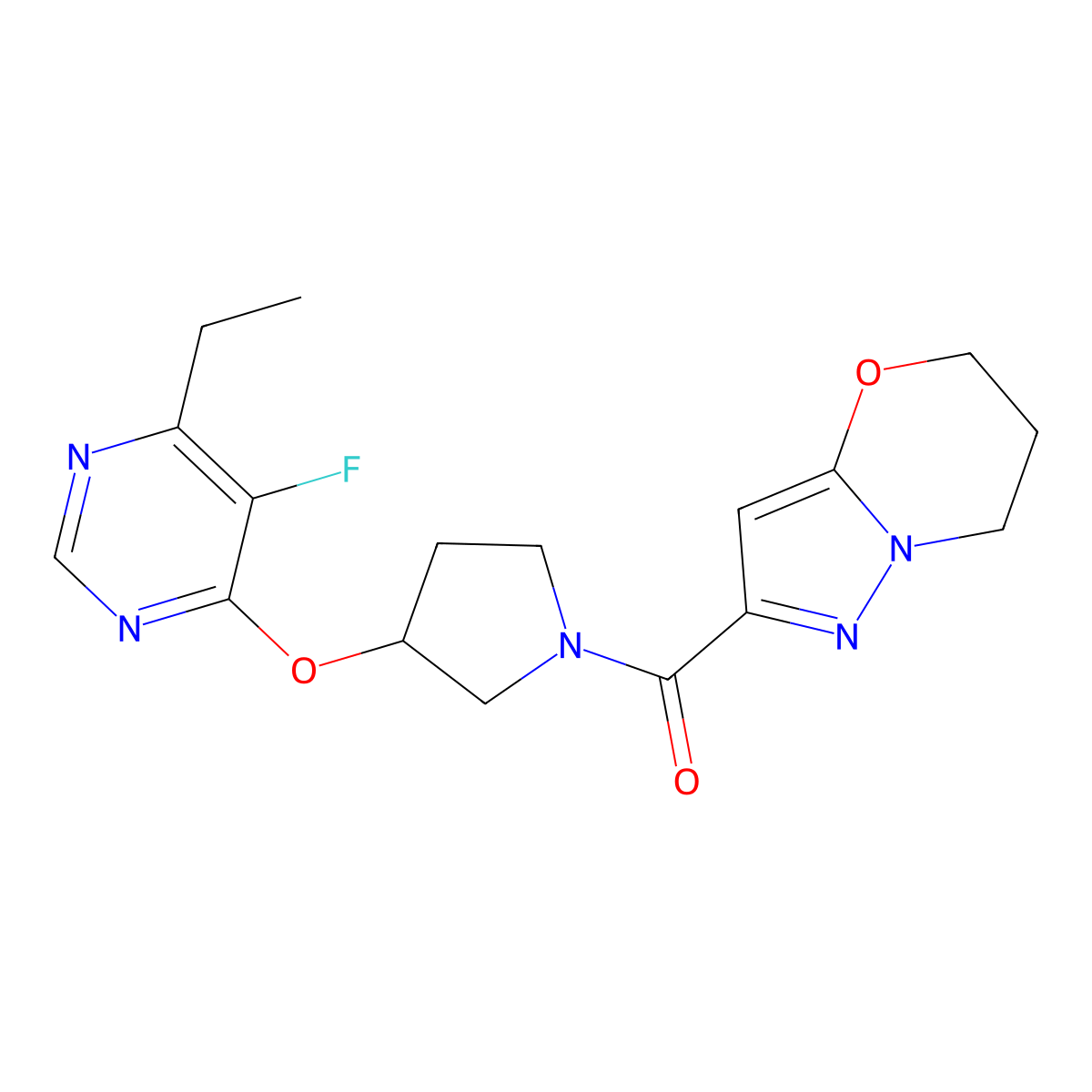 (6,7-dihydro-5H-pyrazolo[5,1-b][1,3]oxazin-2-yl)(3-((6-ethyl-5-fluoropyrimidin-4-yl)oxy)pyrrolidin-1-yl)methanone molecular structure, CAS 2034319-92-9