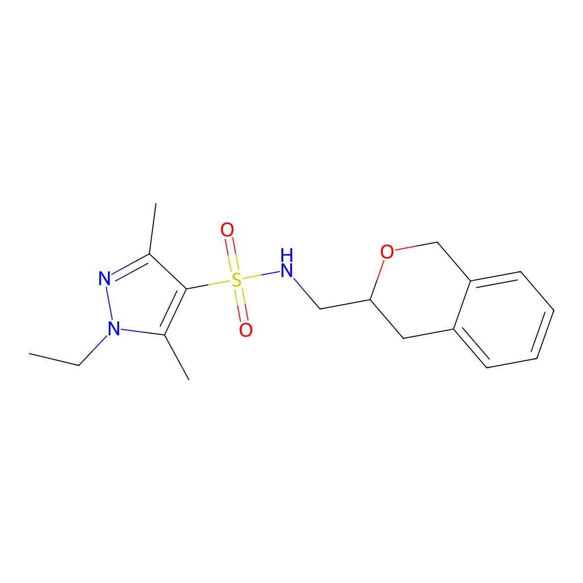 1-ethyl-N-(isochroman-3-ylmethyl)-3,5-dimethyl-1H-pyrazole-4-sulfonamide molecular structure, CAS 2034320-02-8