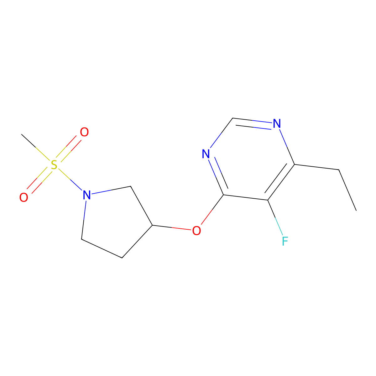 4-Ethyl-5-fluoro-6-((1-(methylsulfonyl)pyrrolidin-3-yl)oxy)pyrimidine molecular structure, CAS 2034320-14-2