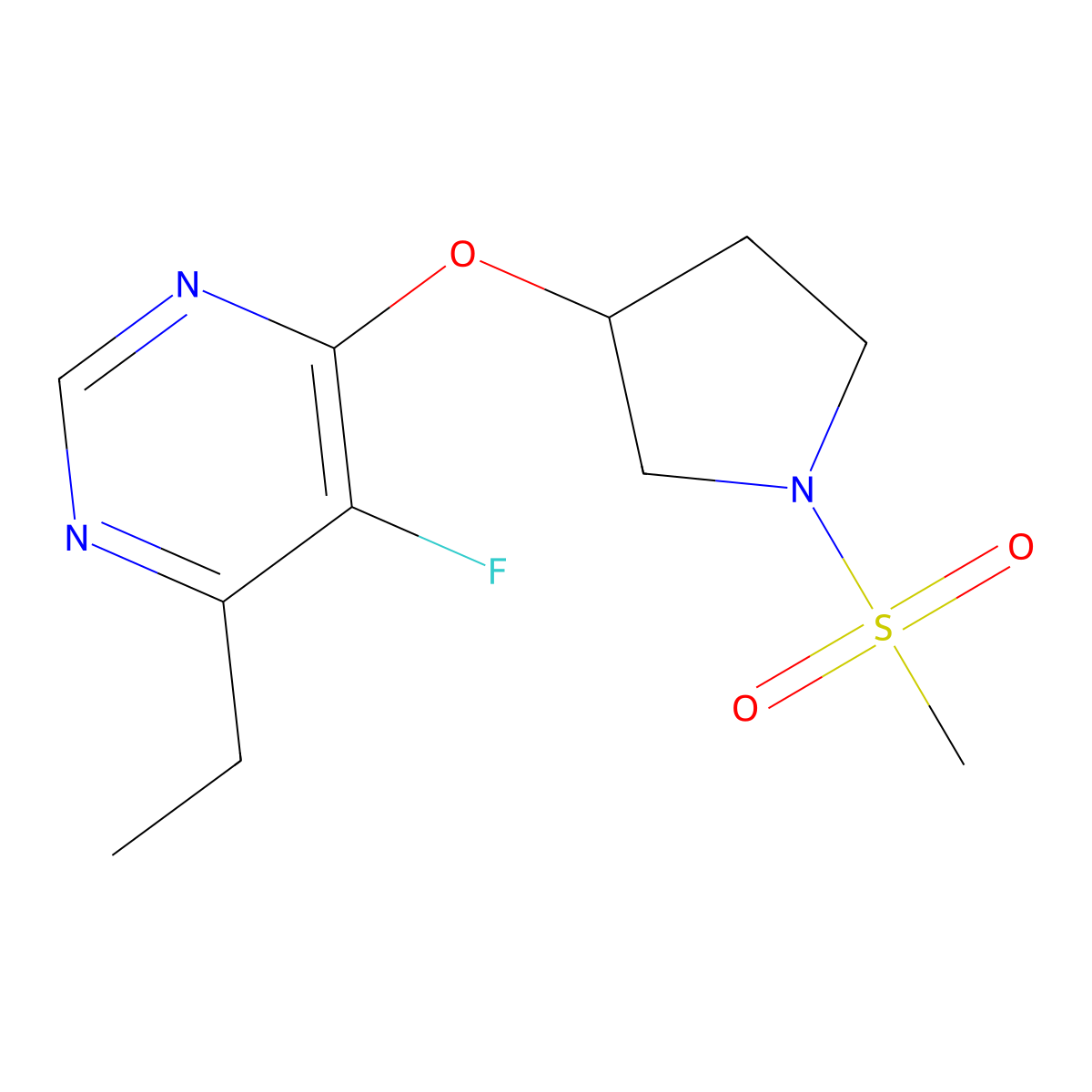 4-Ethyl-5-fluoro-6-((1-(methylsulfonyl)pyrrolidin-3-yl)oxy)pyrimidine molecular structure, CAS 2034320-14-2